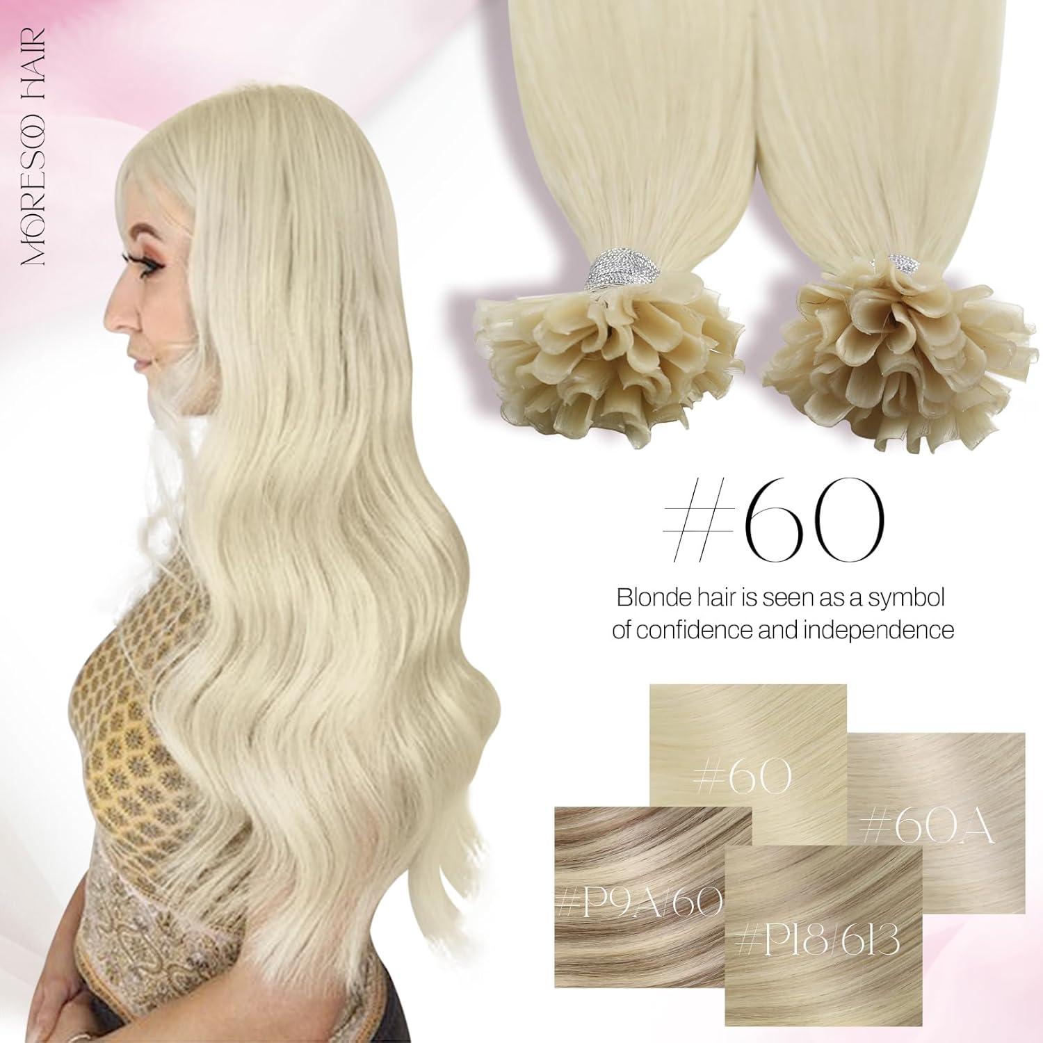imageMoresoo Human Hair Platinum Blonde U Tip Hair Extensions 14 60 40G50S Fusion Straight Unisex