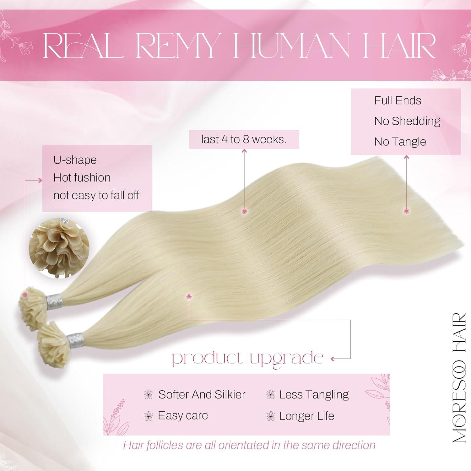imageMoresoo Human Hair Platinum Blonde U Tip Hair Extensions 14 60 40G50S Fusion Straight Unisex