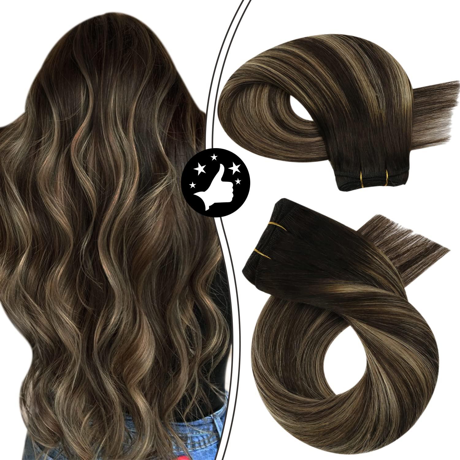 imageMoresoo Bundle ClipSew in Balayage Hair Extensions 16 Inch Real Human Hair Color 4 Brown Fading to 27 Blonde and 4 120g100g Full Head Hair Extensions