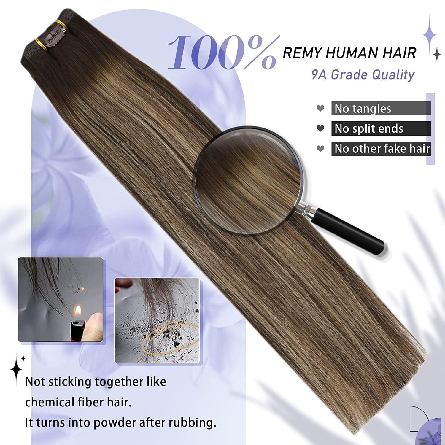 imageMoresoo Bundle ClipSew in Balayage Hair Extensions 16 Inch Real Human Hair Color 4 Brown Fading to 27 Blonde and 4 120g100g Full Head Hair Extensions