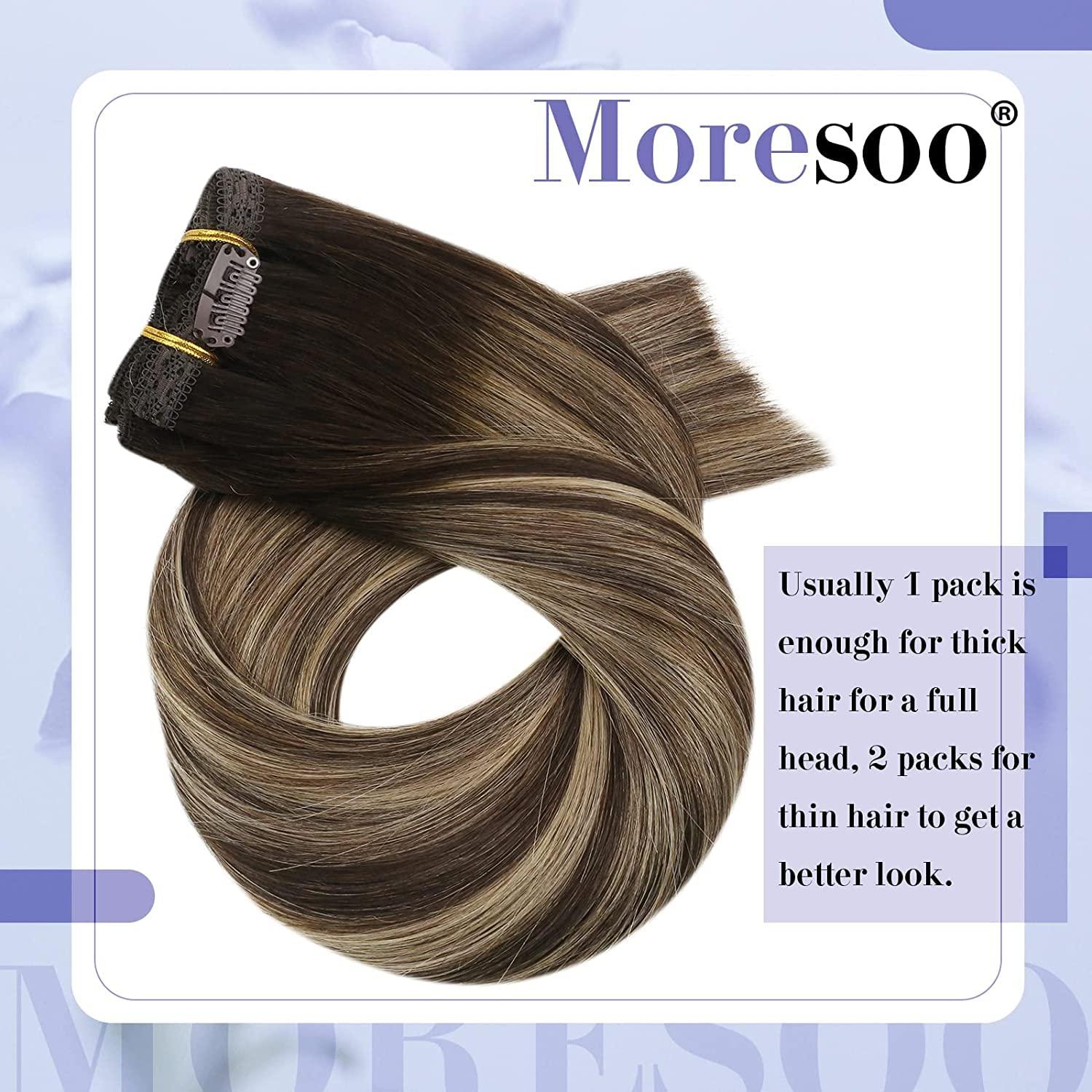 imageMoresoo Bundle ClipSew in Balayage Hair Extensions 16 Inch Real Human Hair Color 4 Brown Fading to 27 Blonde and 4 120g100g Full Head Hair Extensions