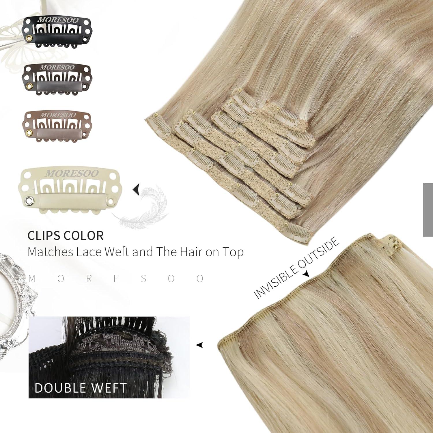 imageMoresoo Clip in Hair Extensions 7 Pieces 120G and Sew in Hair Extensions Real Human Hair 100G Bundle 16Inch Ash Blonde Highlighted with Blonde