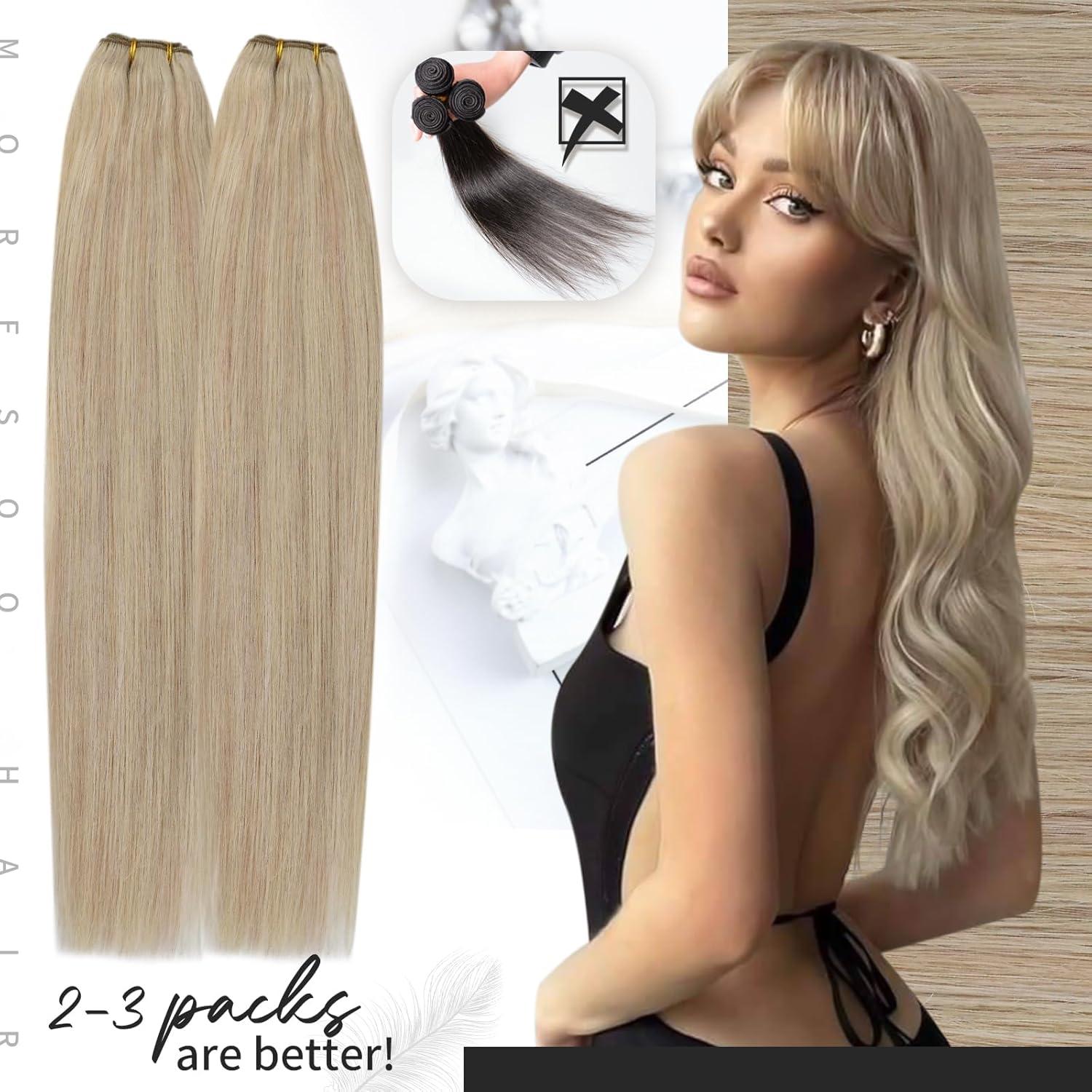 imageMoresoo Clip in Hair Extensions 7 Pieces 120G and Sew in Hair Extensions Real Human Hair 100G Bundle 16Inch Ash Blonde Highlighted with Blonde