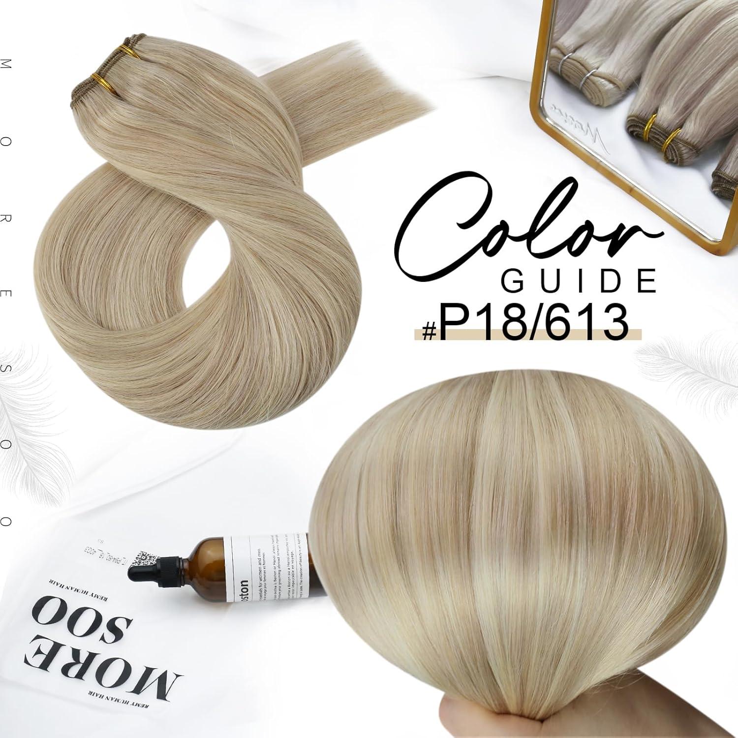 imageMoresoo Clip in Hair Extensions 7 Pieces 120G and Sew in Hair Extensions Real Human Hair 100G Bundle 16Inch Ash Blonde Highlighted with Blonde