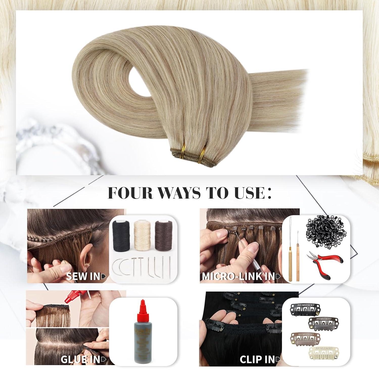 imageMoresoo Clip in Hair Extensions 7 Pieces 120G and Sew in Hair Extensions Real Human Hair 100G Bundle 16Inch Ash Blonde Highlighted with Blonde