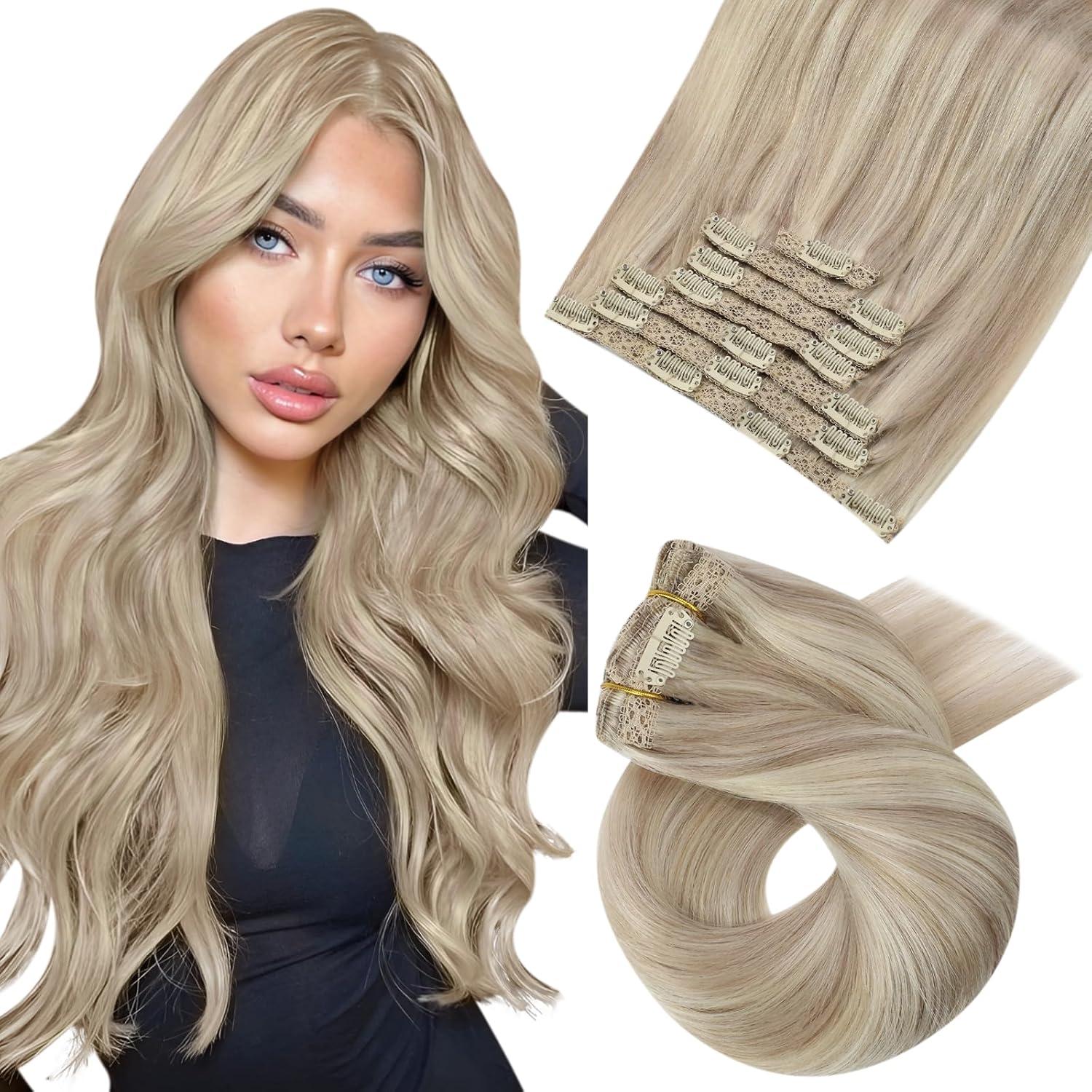 imageMoresoo Clip in Hair Extensions 7 Pieces 120G and Sew in Hair Extensions Real Human Hair 100G Bundle 16Inch Ash Blonde Highlighted with Blonde