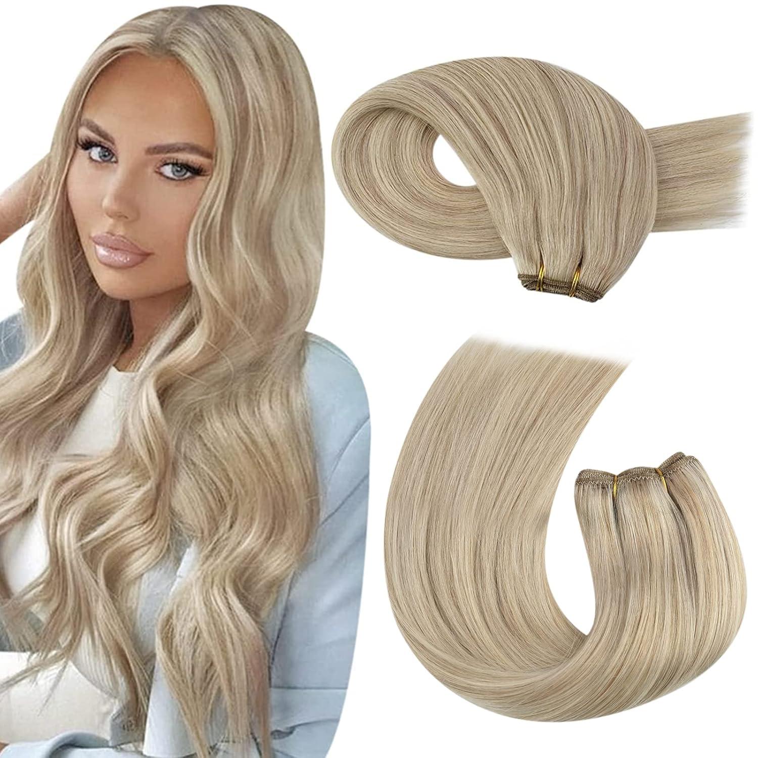 imageMoresoo Clip in Hair Extensions 7 Pieces 120G and Sew in Hair Extensions Real Human Hair 100G Bundle 16Inch Ash Blonde Highlighted with Blonde