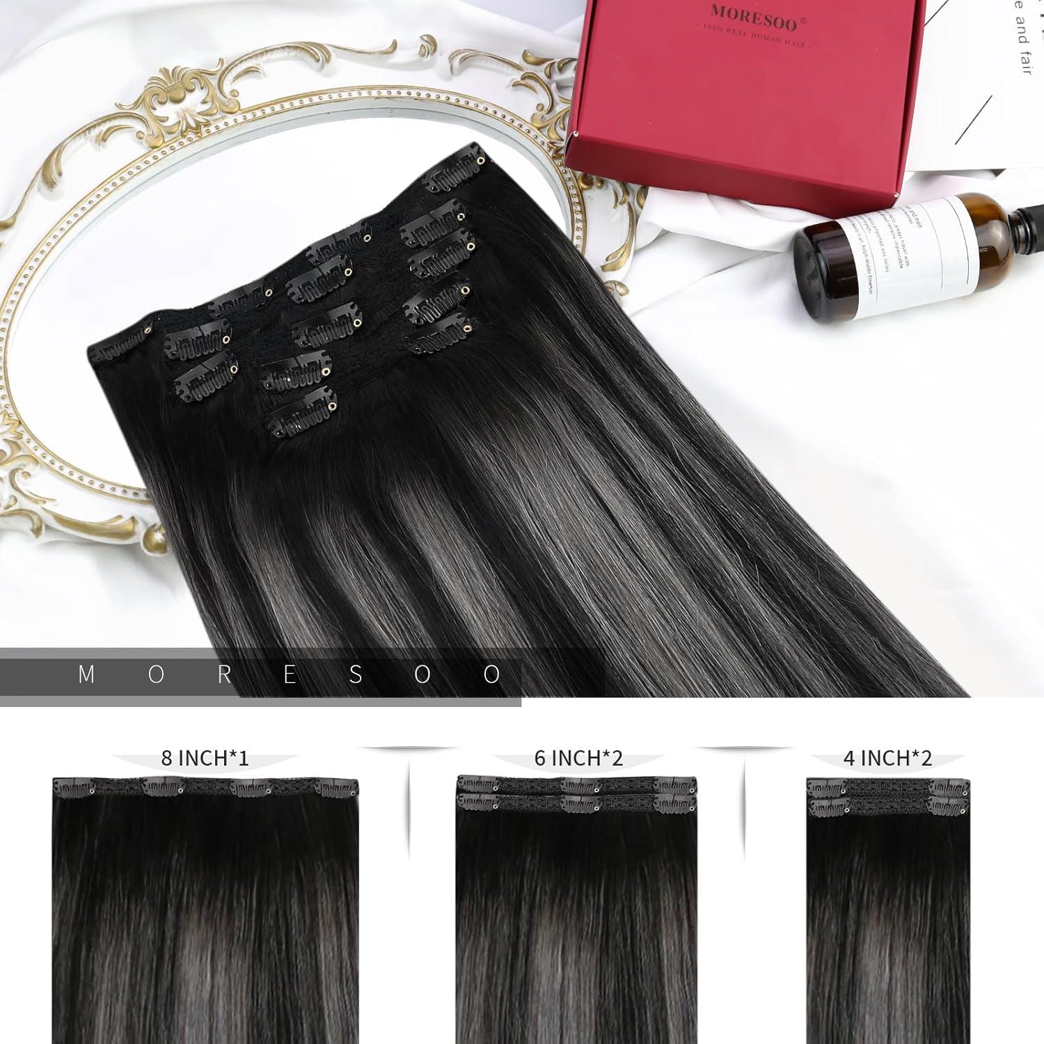 imageMoresoo Clip in Hair Extensions Balayage and Seamless Hair Extensions Clip in Human Hair Ombre Black to Silver Grey 5pcs70g 10inch7pcs120g 14inch Bundle