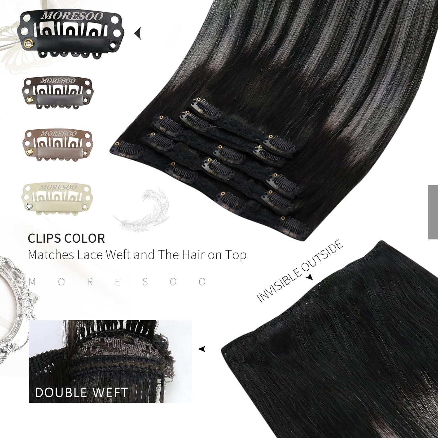 imageMoresoo Clip in Hair Extensions Balayage and Seamless Hair Extensions Clip in Human Hair Ombre Black to Silver Grey 5pcs70g 10inch7pcs120g 14inch Bundle
