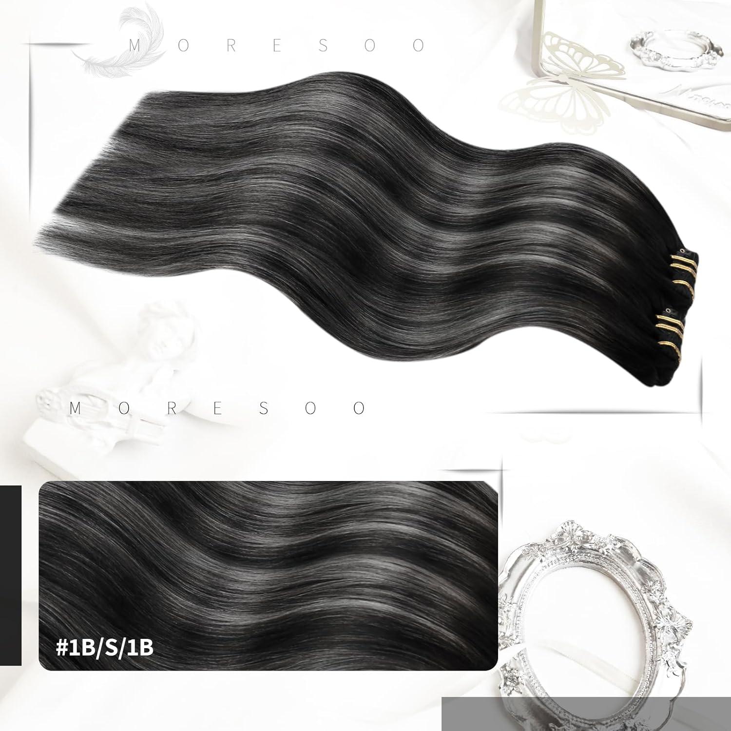 imageMoresoo Clip in Hair Extensions Balayage and Seamless Hair Extensions Clip in Human Hair Ombre Black to Silver Grey 5pcs70g 10inch7pcs120g 14inch Bundle