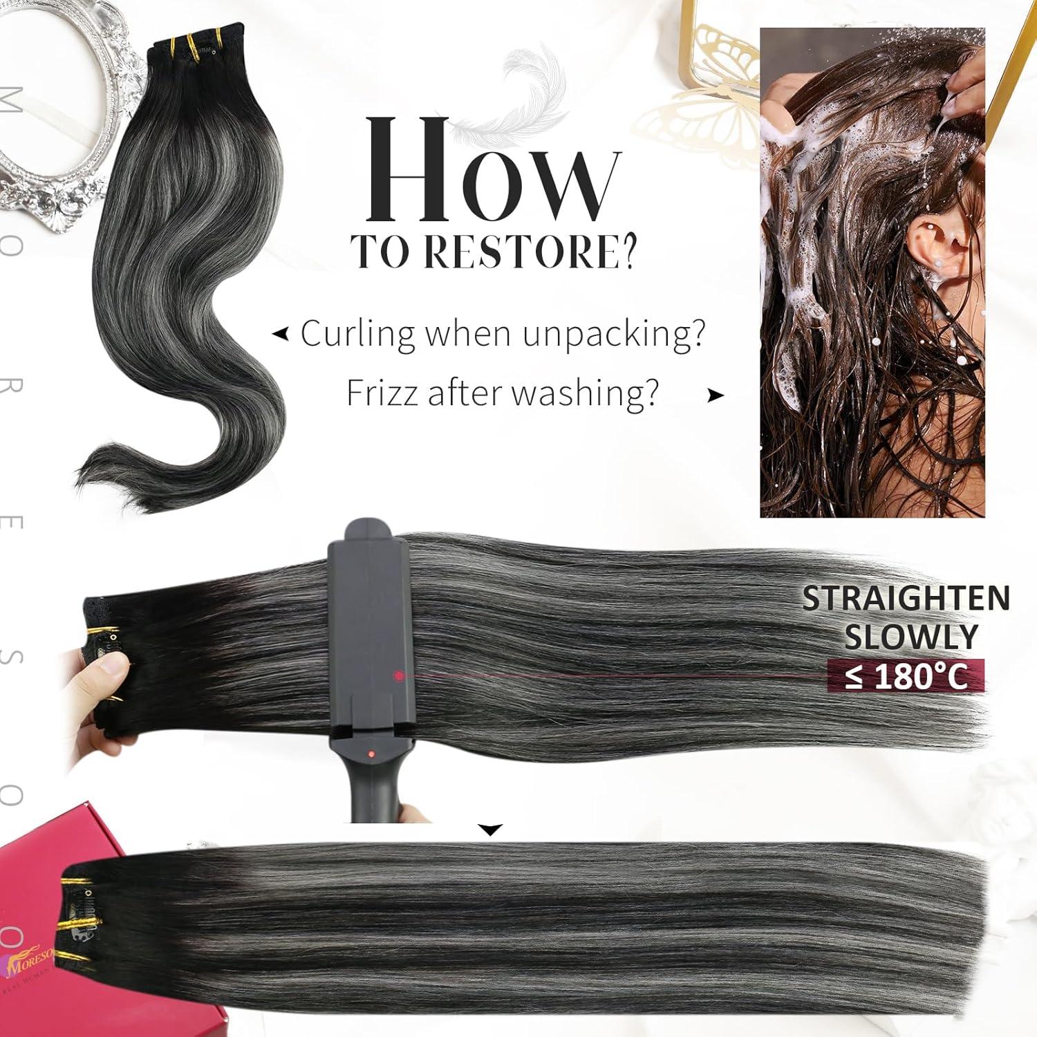 imageMoresoo Clip in Hair Extensions Balayage and Seamless Hair Extensions Clip in Human Hair Ombre Black to Silver Grey 5pcs70g 10inch7pcs120g 14inch Bundle