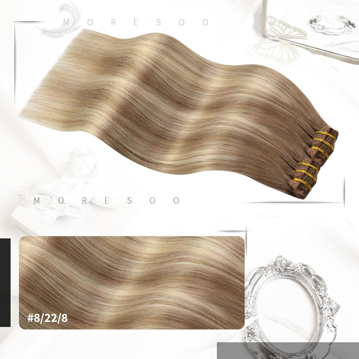 imageMoresoo Clip in Hair Extensions Human Hair Balayage Light Brown with Golden Blonde Real Hair Extensions Clip in Human Hair Ombre 2packs 16inch