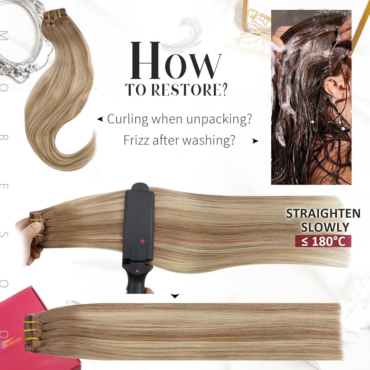 imageMoresoo Clip in Hair Extensions Human Hair Balayage Light Brown with Golden Blonde Real Hair Extensions Clip in Human Hair Ombre 2packs 16inch