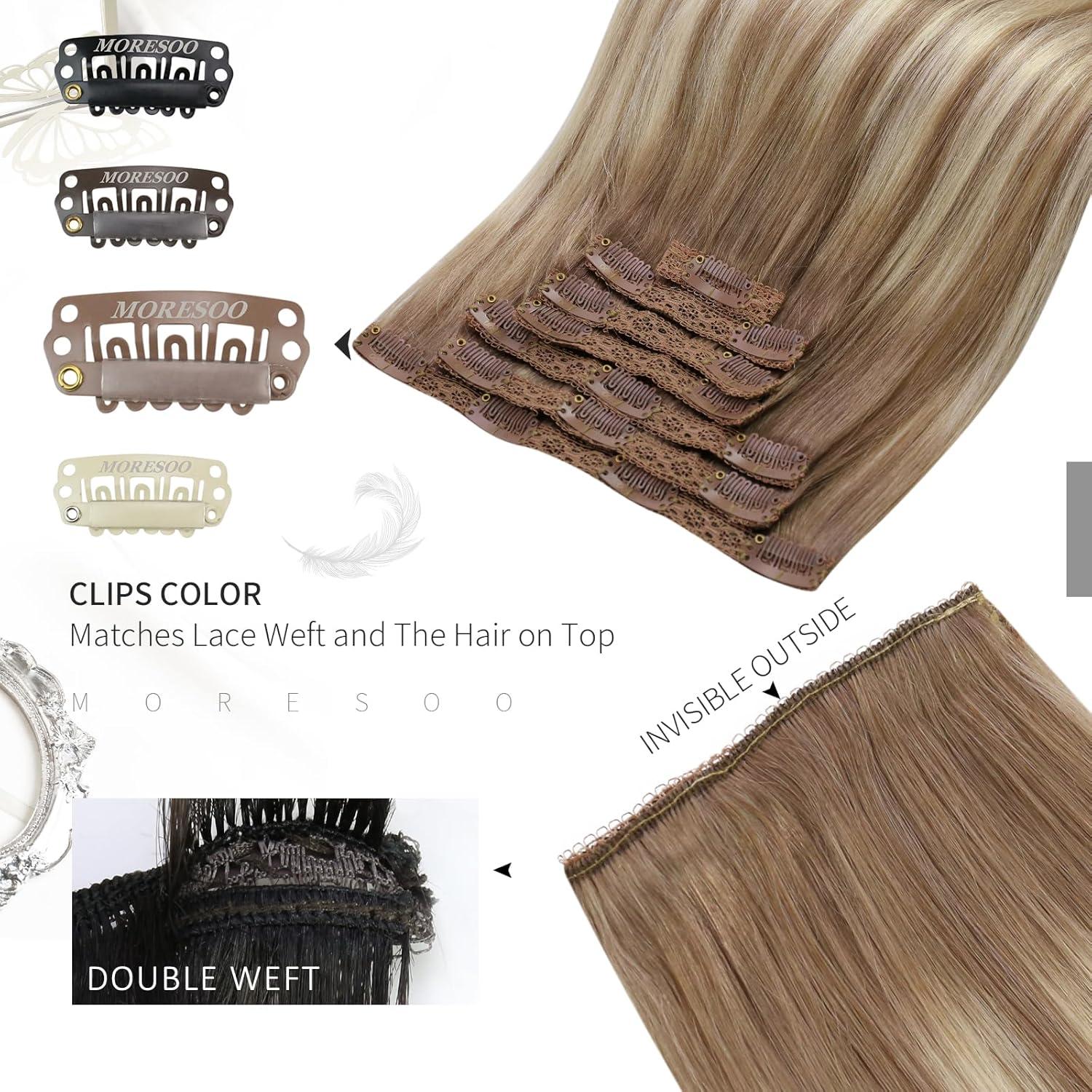imageMoresoo Clip in Hair Extensions Human Hair Balayage Light Brown with Golden Blonde Real Hair Extensions Clip in Human Hair Ombre 2packs 16inch