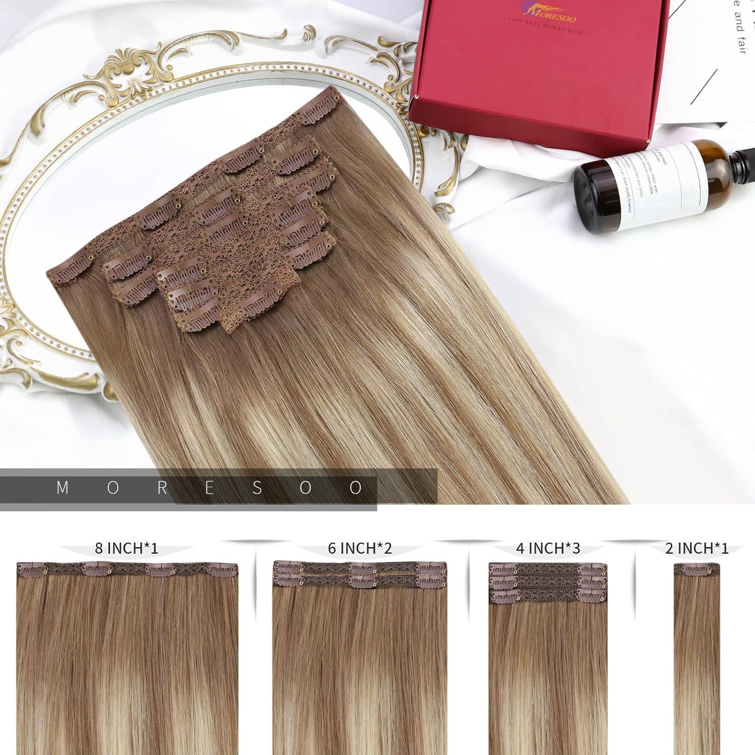 imageMoresoo Clip in Hair Extensions Human Hair Balayage Light Brown with Golden Blonde Real Hair Extensions Clip in Human Hair Ombre 2packs 16inch