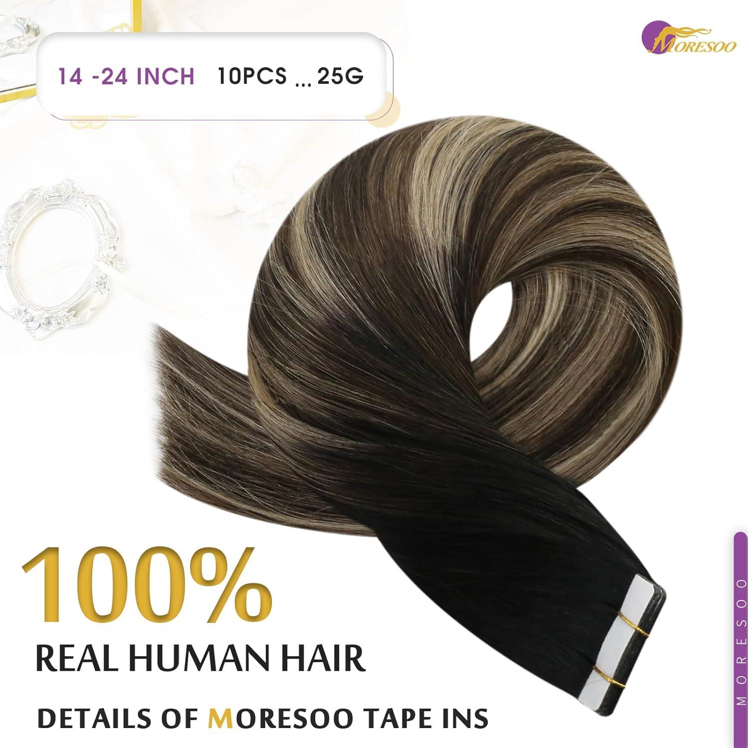 imageMoresoo Clip in Hair Extensions Ombre Natural Black to Brown with Caramel Blonde 120g7pcs and Tape in Hair Extensions Balayage Double Weft Real Human Hair 25g10pcs 18 Inch 1B327