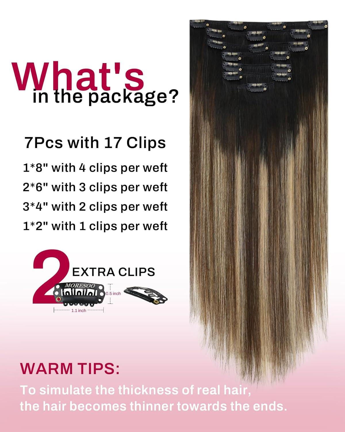 imageMoresoo Clip in Hair Extensions Ombre Natural Black to Brown with Caramel Blonde 120g7pcs and Tape in Hair Extensions Balayage Double Weft Real Human Hair 25g10pcs 18 Inch 1B327