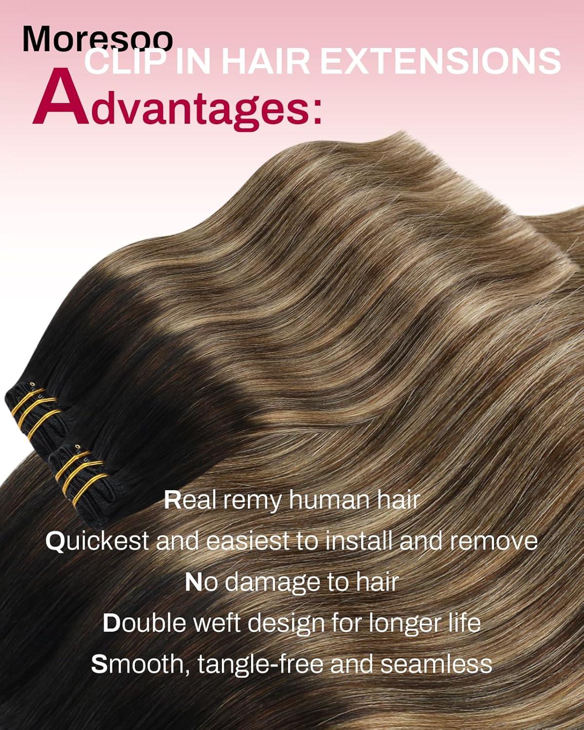 imageMoresoo Clip in Hair Extensions Ombre Natural Black to Brown with Caramel Blonde 120g7pcs and Tape in Hair Extensions Balayage Double Weft Real Human Hair 25g10pcs 18 Inch 1B327