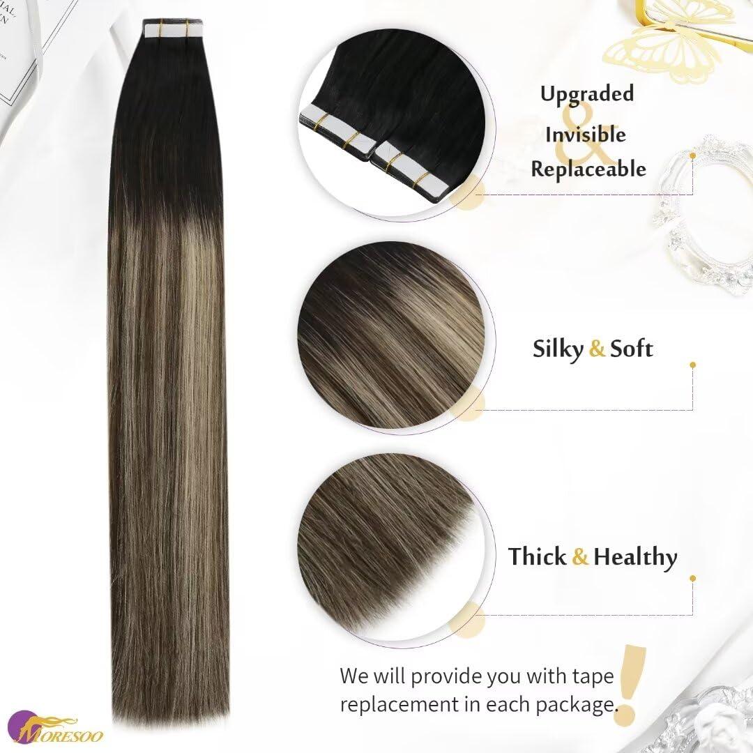 imageMoresoo Clip in Hair Extensions Ombre Natural Black to Brown with Caramel Blonde 120g7pcs and Tape in Hair Extensions Balayage Double Weft Real Human Hair 25g10pcs 18 Inch 1B327