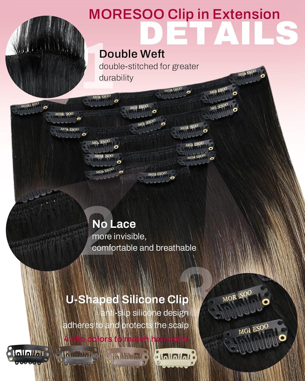 imageMoresoo Clip in Hair Extensions Ombre Natural Black to Brown with Caramel Blonde 120g7pcs and Tape in Hair Extensions Balayage Double Weft Real Human Hair 25g10pcs 18 Inch 1B327