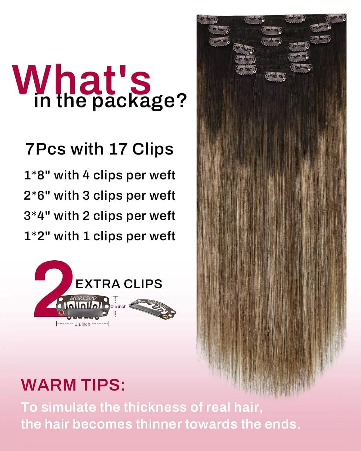 imageMoresoo Clip in Hiar Extensions Real Human Hair 18 Inch with Seamless Clip in Hair Extensions Human Hair 16 Inch Balayage Dark Brown to Golden Brown with Blonde 120g7pcs
