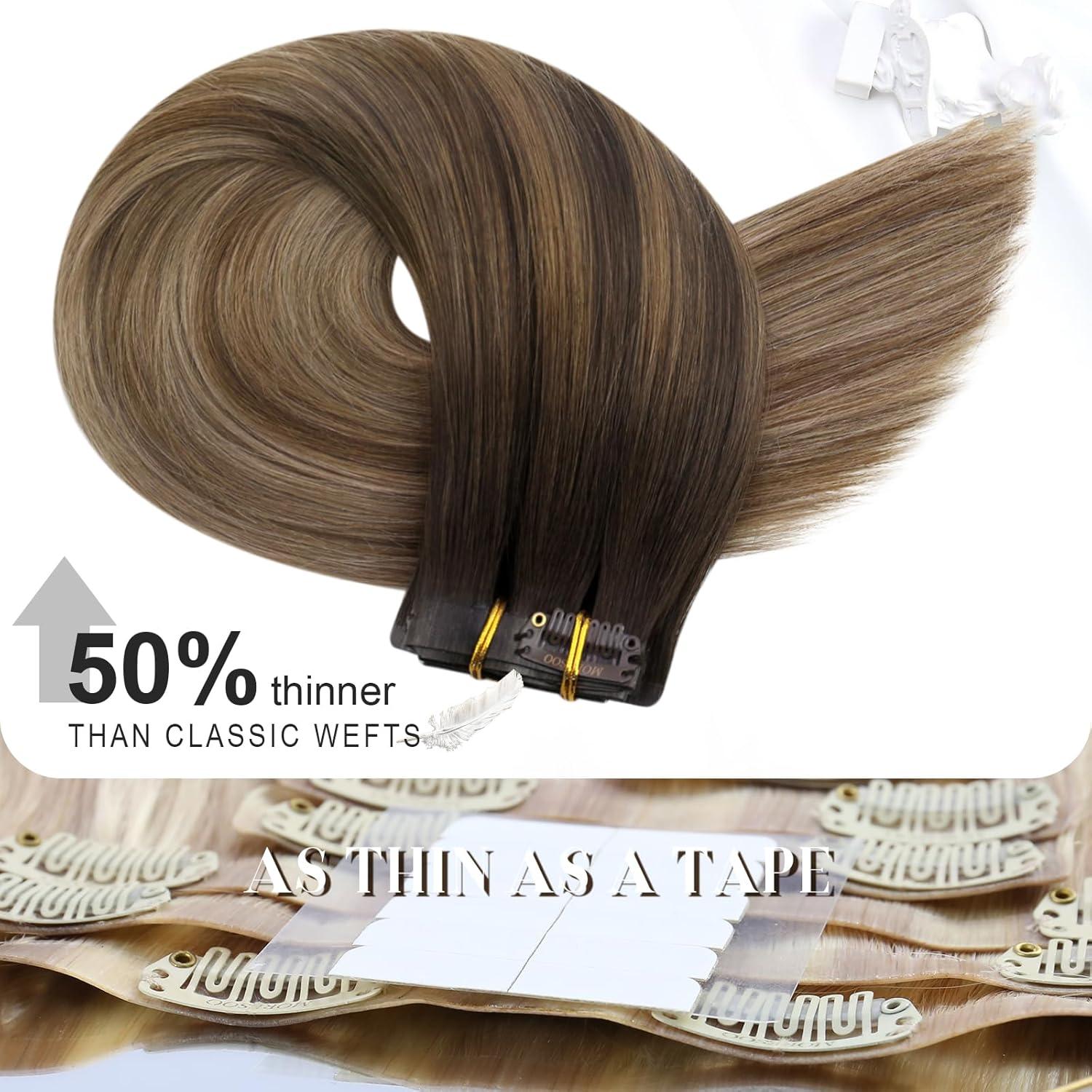 imageMoresoo Clip in Hiar Extensions Real Human Hair 18 Inch with Seamless Clip in Hair Extensions Human Hair 16 Inch Balayage Dark Brown to Golden Brown with Blonde 120g7pcs