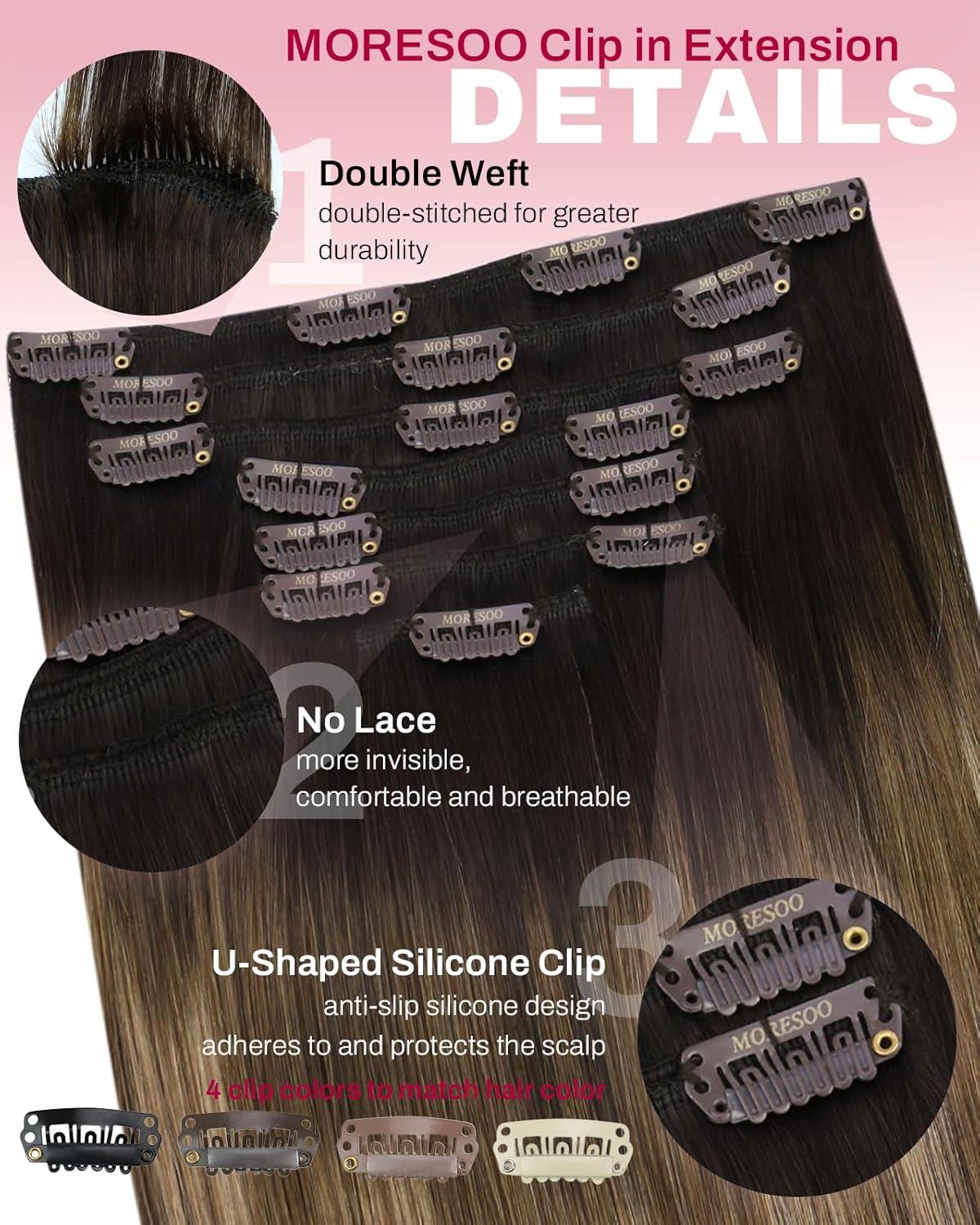 imageMoresoo Clip in Hiar Extensions Real Human Hair 18 Inch with Seamless Clip in Hair Extensions Human Hair 16 Inch Balayage Dark Brown to Golden Brown with Blonde 120g7pcs