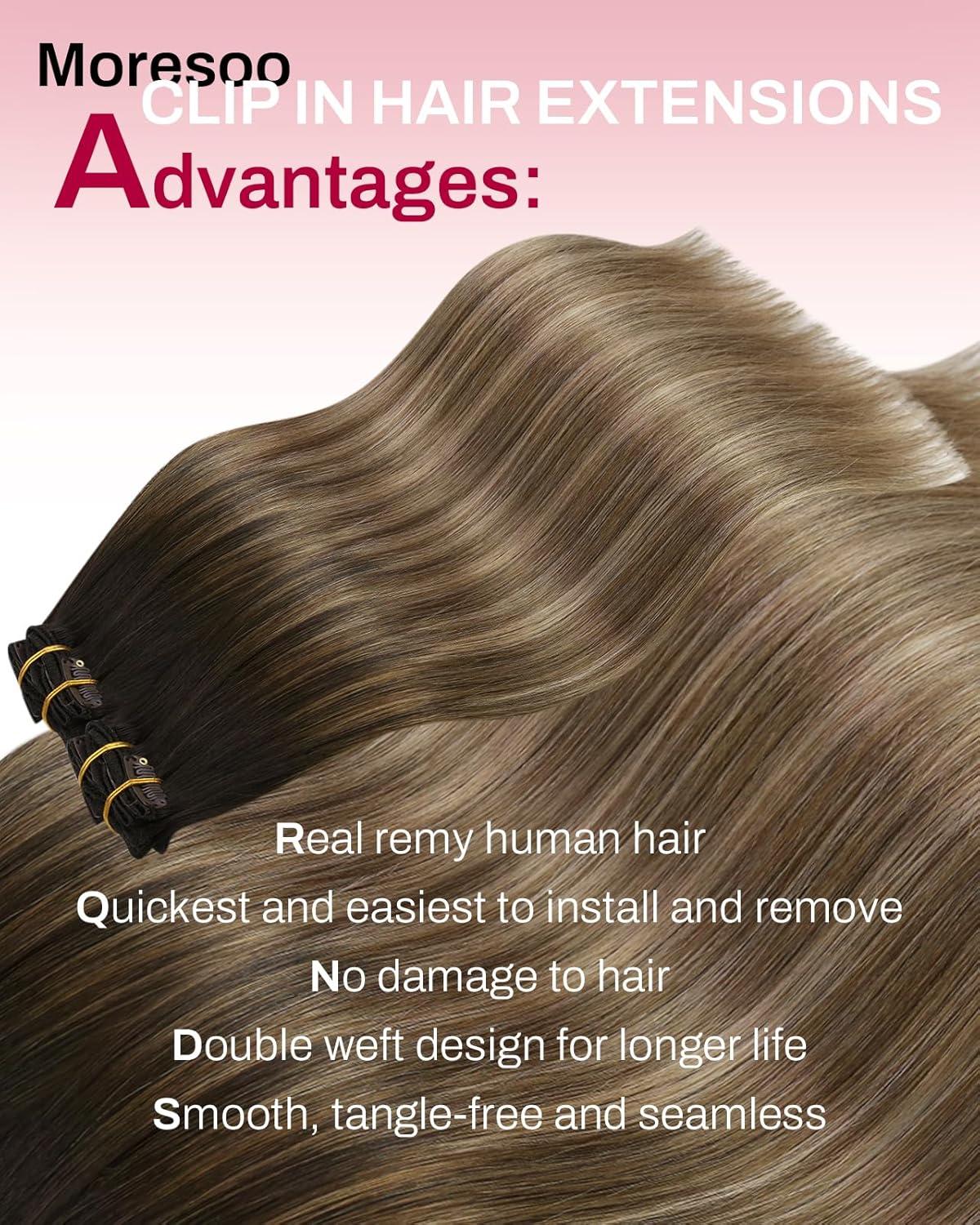 imageMoresoo Clip in Hiar Extensions Real Human Hair 18 Inch with Seamless Clip in Hair Extensions Human Hair 16 Inch Balayage Dark Brown to Golden Brown with Blonde 120g7pcs