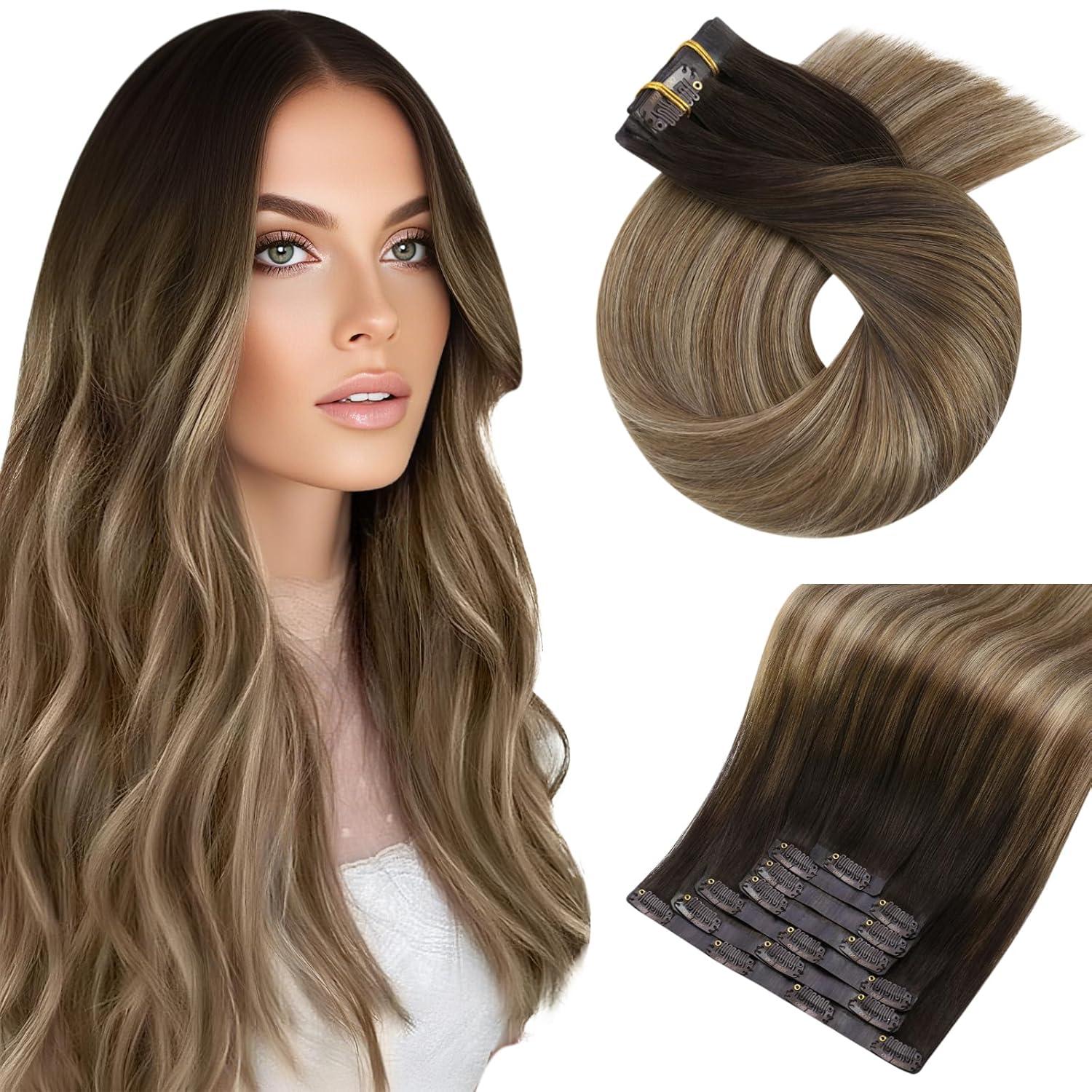 imageMoresoo Clip in Hiar Extensions Real Human Hair 18 Inch with Seamless Clip in Hair Extensions Human Hair 16 Inch Balayage Dark Brown to Golden Brown with Blonde 120g7pcs