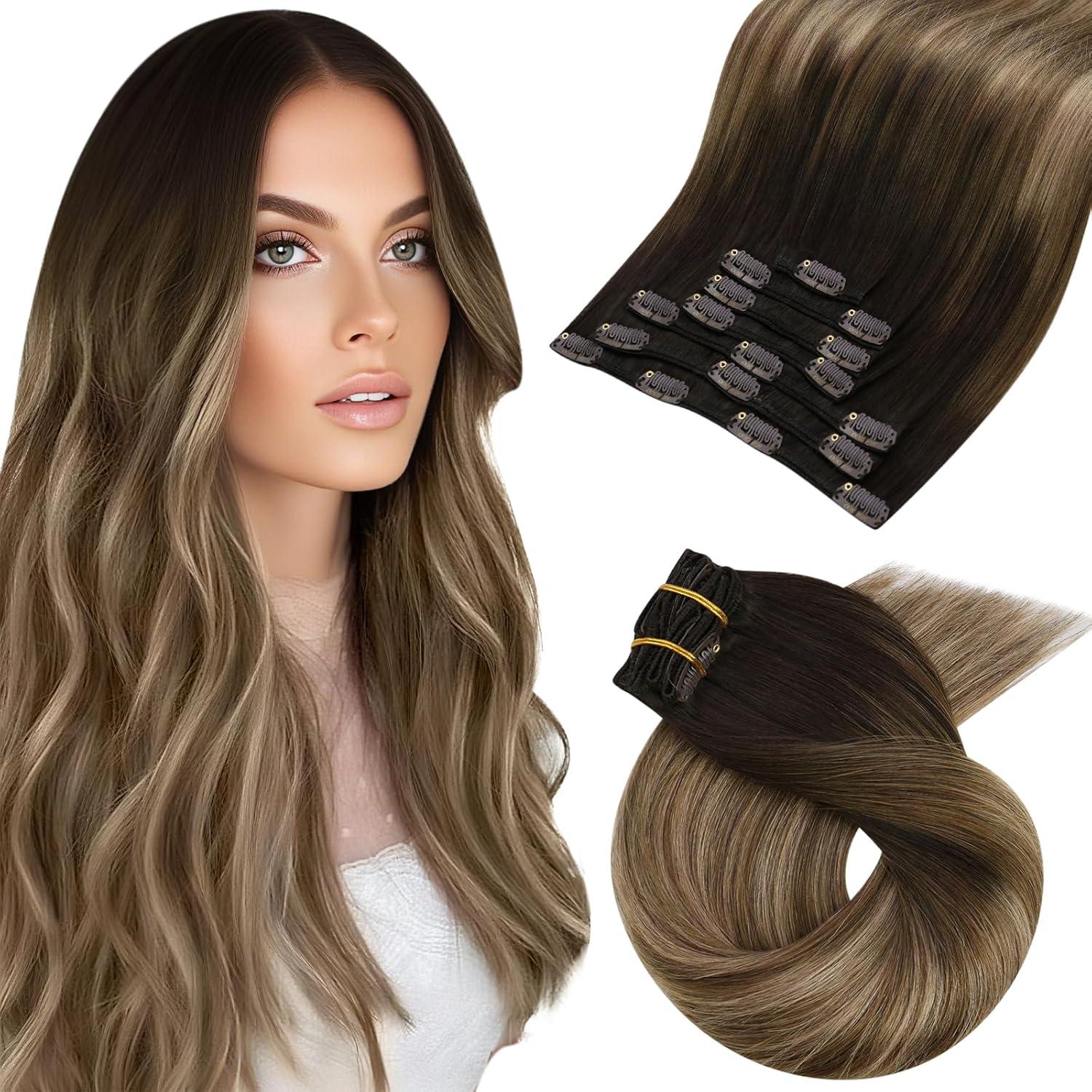 imageMoresoo Clip in Hiar Extensions Real Human Hair 18 Inch with Seamless Clip in Hair Extensions Human Hair 16 Inch Balayage Dark Brown to Golden Brown with Blonde 120g7pcs