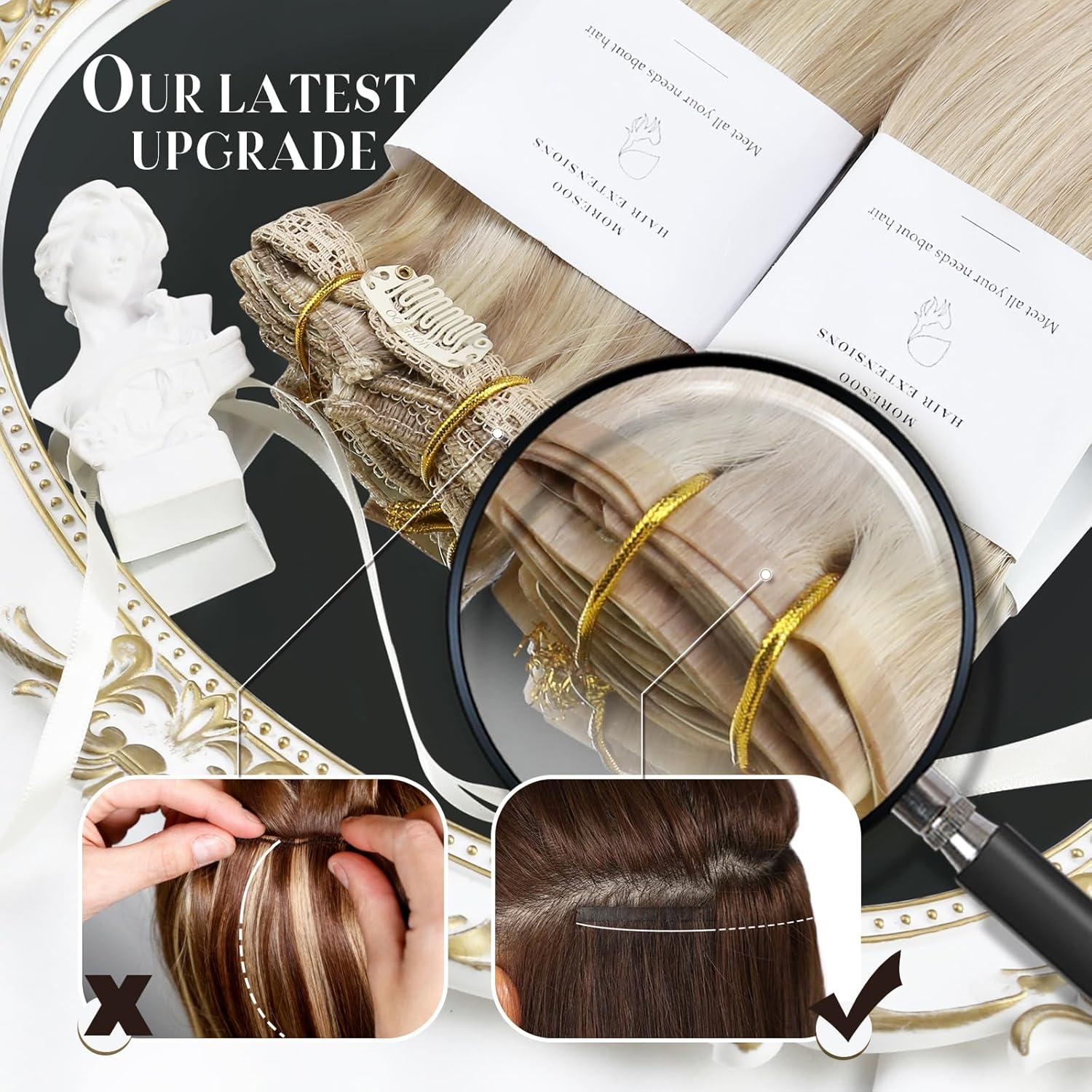imageMoresoo Clip in Hiar Extensions Real Human Hair 18 Inch with Seamless Clip in Hair Extensions Human Hair 16 Inch Balayage Dark Brown to Golden Brown with Blonde 120g7pcs