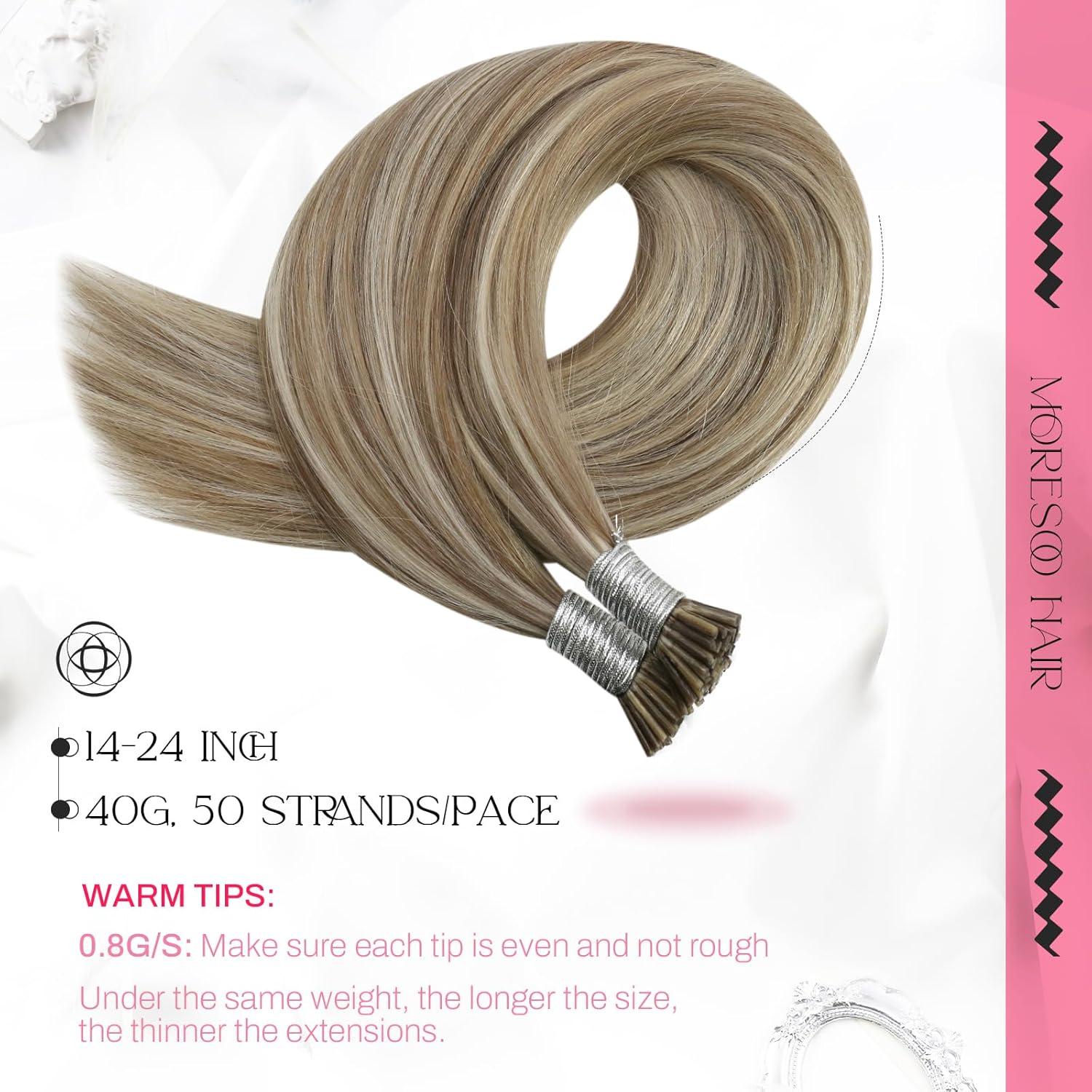 imageMoresoo I Tip Hair Extensions Human Hair 20in with Sew in Hair Extensions Real Human Hair 18inch P9A60 Highlights Medium Golden Brown with Platinum Blonde Bundle