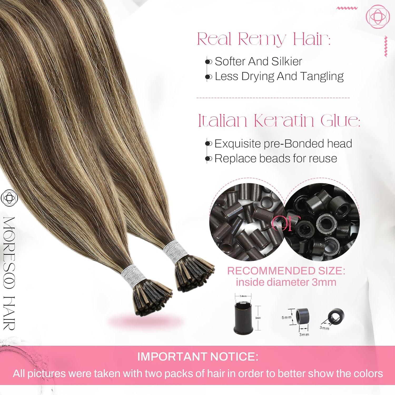 imageMoresoo I Tips Hair Extensions Real Human Hair Ash Brown with Caramel Blonde Highlight 20 Inch 40G 50S Bundle U Tip Hair Extensions Dark Brown with Caramel Blonde 20 Inch 50G 50S