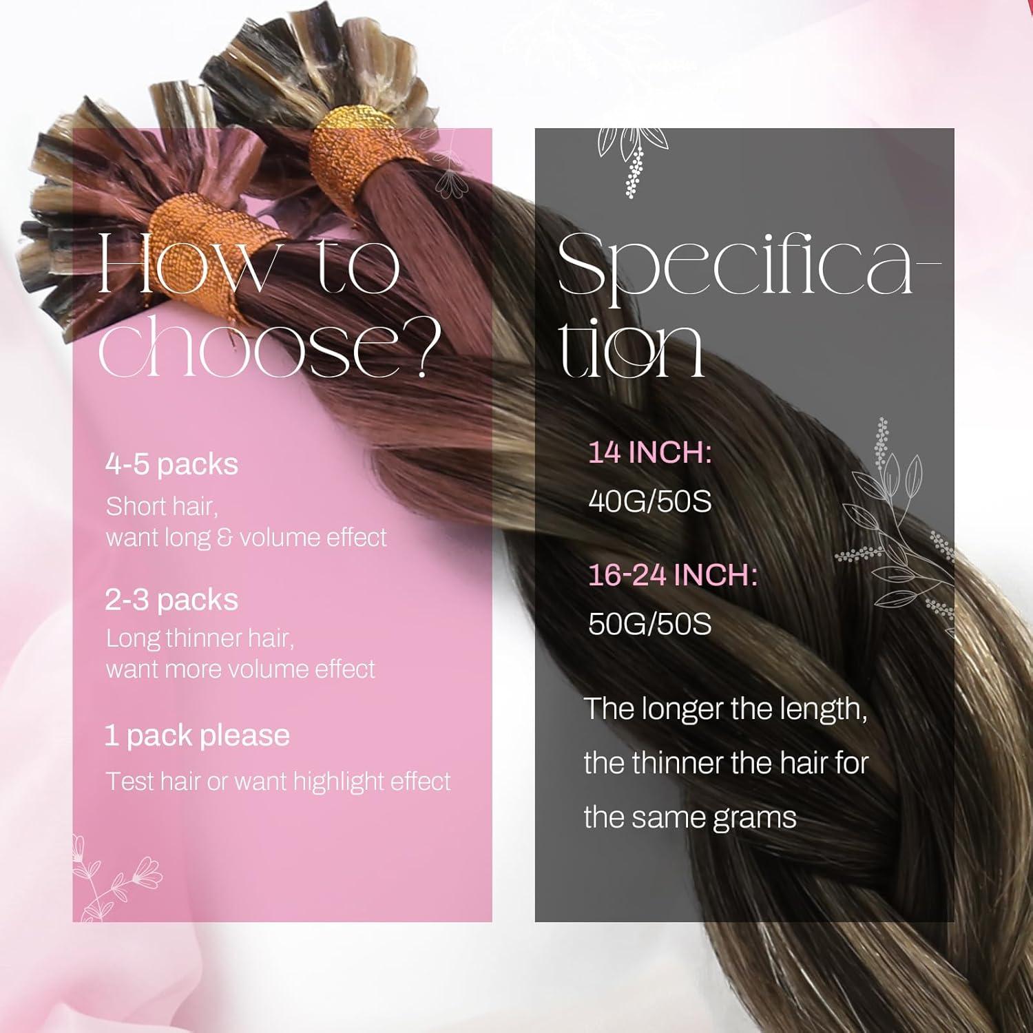 imageMoresoo I Tips Hair Extensions Real Human Hair Ash Brown with Caramel Blonde Highlight 20 Inch 40G 50S Bundle U Tip Hair Extensions Dark Brown with Caramel Blonde 20 Inch 50G 50S