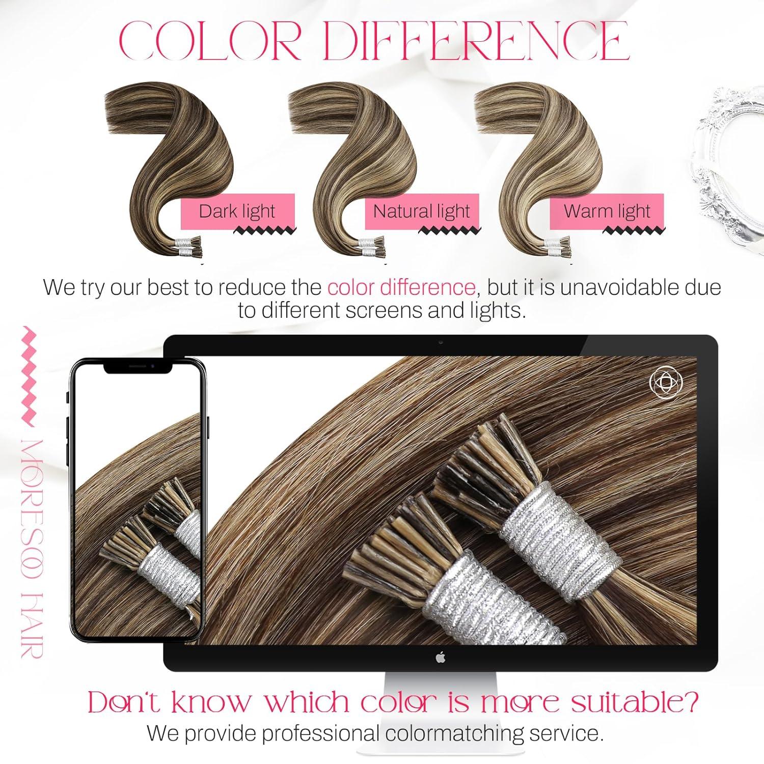 imageMoresoo I Tips Hair Extensions Real Human Hair Ash Brown with Caramel Blonde Highlight 20 Inch 40G 50S Bundle U Tip Hair Extensions Dark Brown with Caramel Blonde 20 Inch 50G 50S