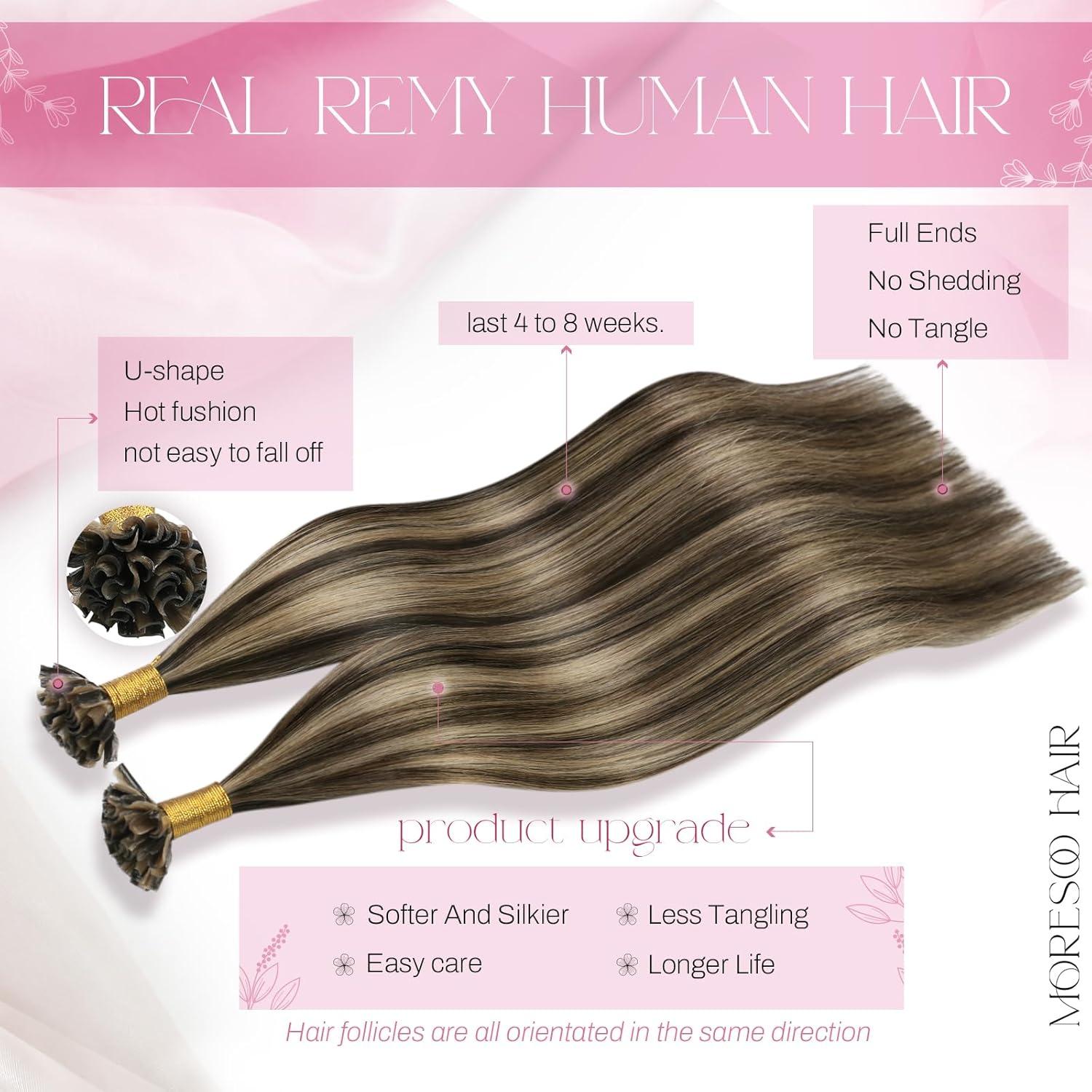 imageMoresoo I Tips Hair Extensions Real Human Hair Ash Brown with Caramel Blonde Highlight 20 Inch 40G 50S Bundle U Tip Hair Extensions Dark Brown with Caramel Blonde 20 Inch 50G 50S