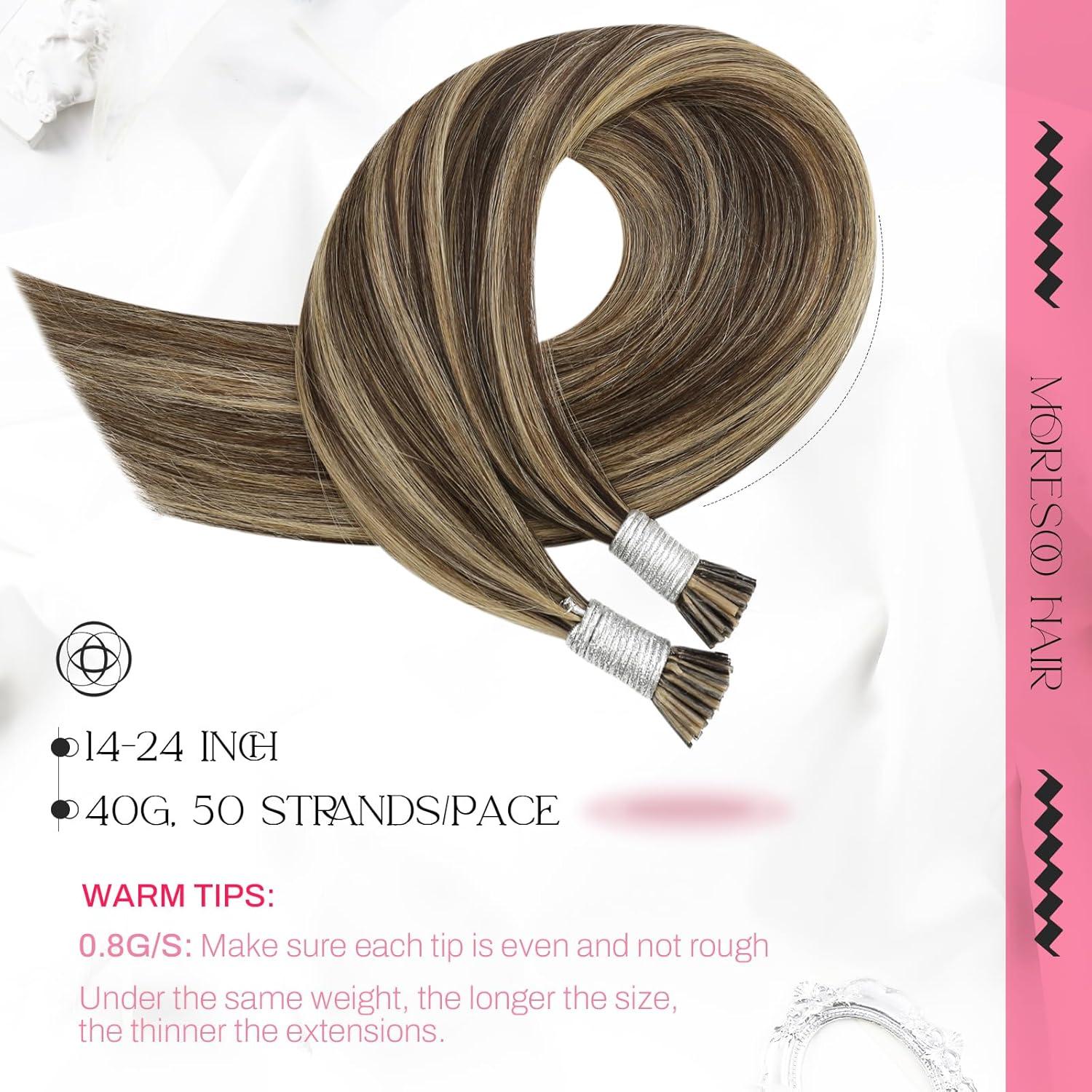 imageMoresoo I Tips Hair Extensions Real Human Hair Ash Brown with Caramel Blonde Highlight 20 Inch 40G 50S Bundle U Tip Hair Extensions Dark Brown with Caramel Blonde 20 Inch 50G 50S