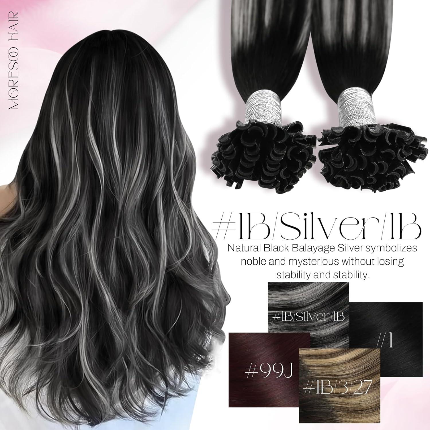 imageMoresoo K Tip Hair Extensions Real Human Hair Black and Silver Balayage Hair Extensions Human Hair U Tip Black 24 inch U Tip Extensions for Wedding Soft Texture and Natural Look 50g 50s