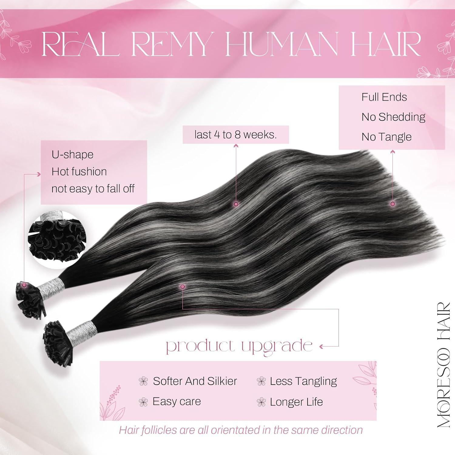 imageMoresoo K Tip Hair Extensions Real Human Hair Black and Silver Balayage Hair Extensions Human Hair U Tip Black 24 inch U Tip Extensions for Wedding Soft Texture and Natural Look 50g 50s