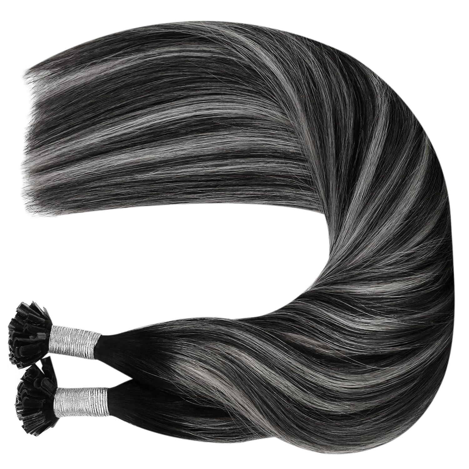 imageMoresoo K Tip Hair Extensions Real Human Hair Black and Silver Balayage Hair Extensions Human Hair U Tip Black 24 inch U Tip Extensions for Wedding Soft Texture and Natural Look 50g 50s