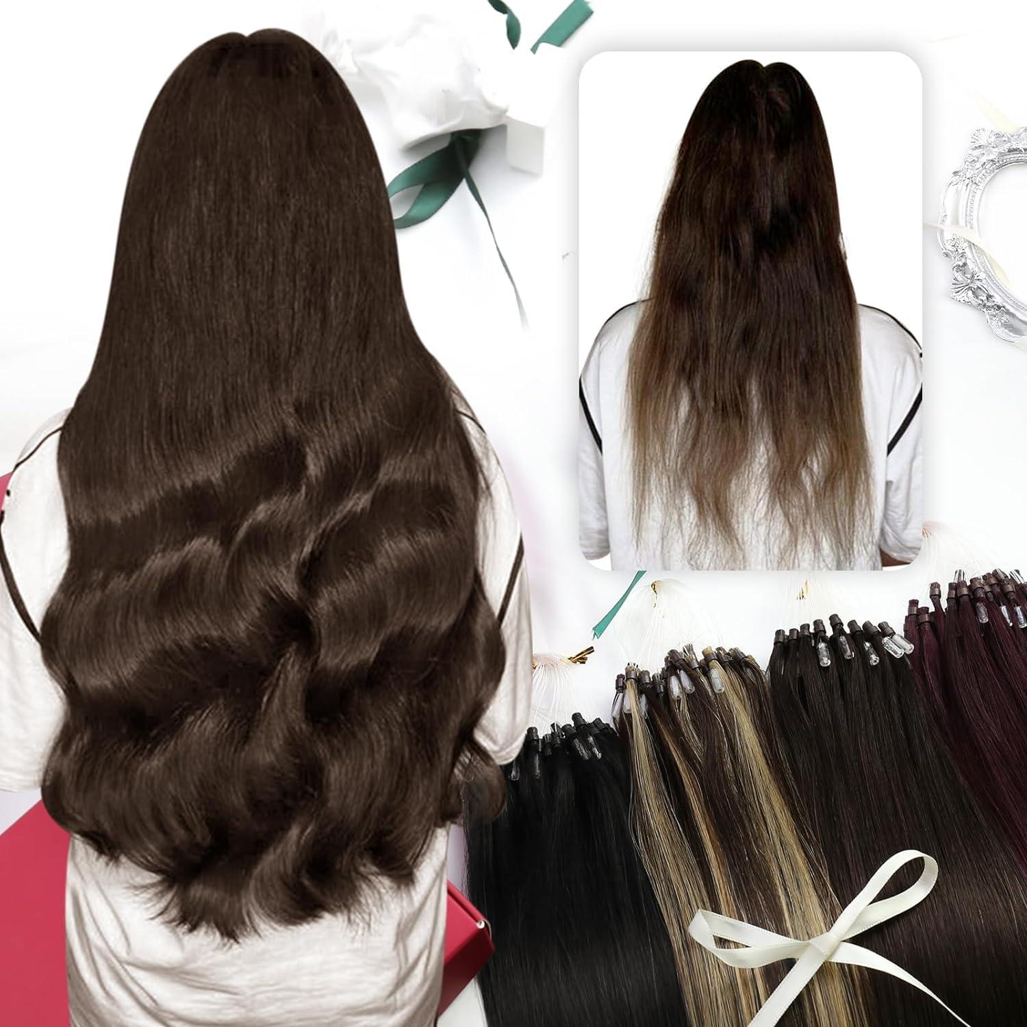 imageMoresoo Micro Link Hair Extensions Human Hair Dark bown 4 micror loop hair extensions human hair burgundy 99J 18 inch micro beads hair extensions real human hair red microlink hair extensions brown