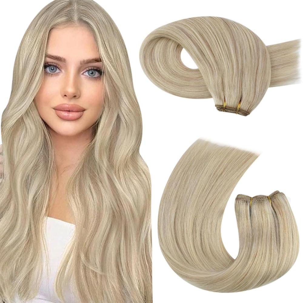 imageMoresoo Clip in Hair Extensions 7 Pieces 120G and Sew in Hair Extensions Real Human Hair 100G Bundle 16Inch Ash Blonde Highlighted with Blonde