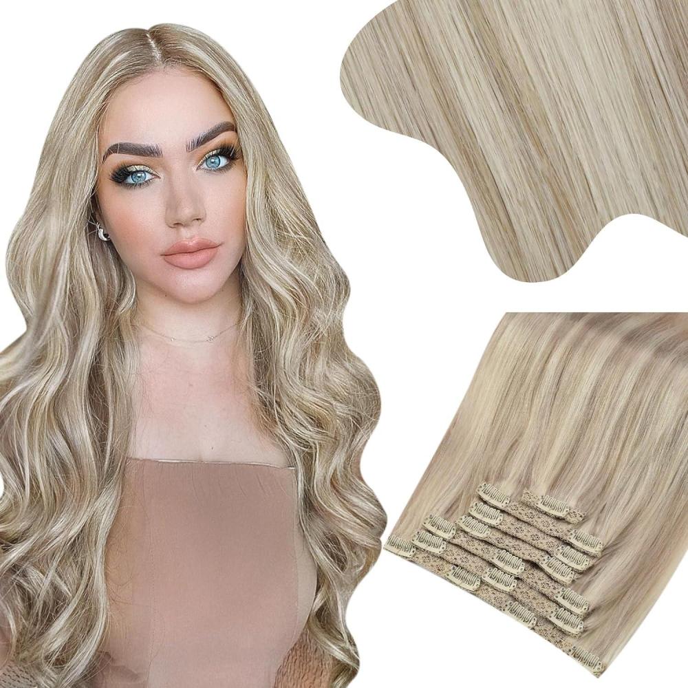 imageMoresoo Clip in Hair Extensions Human Hair Ash Blonde with Blonde Real Hair Extensions Clip in Human Hair Blonde Highlight 2packs 16inch
