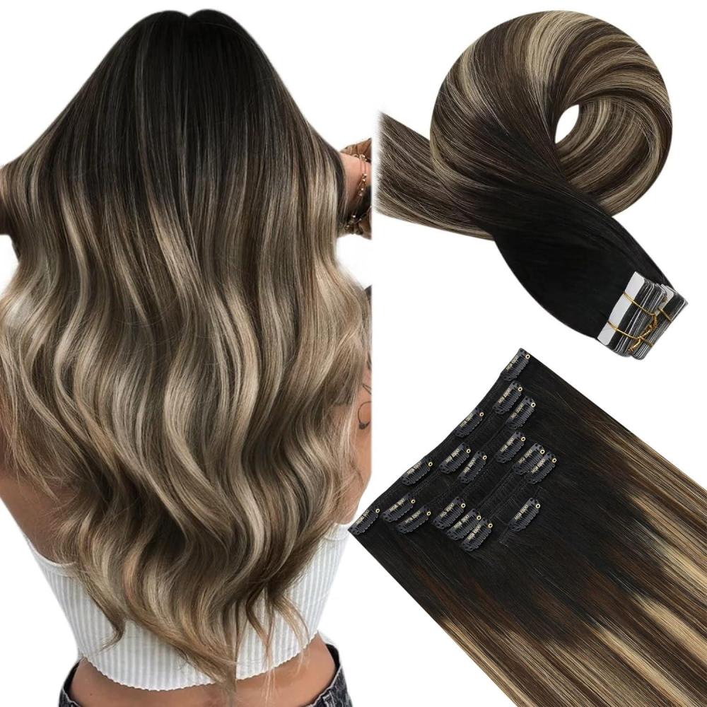 imageMoresoo Clip in Hair Extensions Ombre Natural Black to Brown with Caramel Blonde 120g7pcs and Tape in Hair Extensions Balayage Double Weft Real Human Hair 25g10pcs 18 Inch 1B327