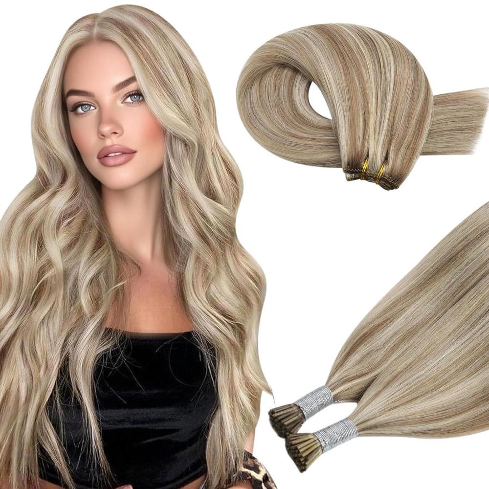 imageMoresoo I Tip Hair Extensions Human Hair 20in with Sew in Hair Extensions Real Human Hair 18inch P9A60 Highlights Medium Golden Brown with Platinum Blonde Bundle
