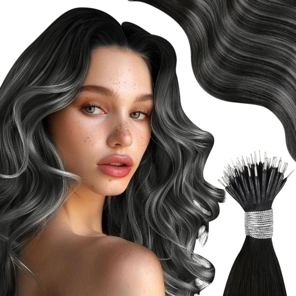imageMoresoo Nano Bead Hair Extensions Human Hair Black to Grey 1BS1B Bundle Tape In Hair Extensions Human Hair Black to Silver Grey Nano Ring Hair Extensions 14 inch Tape In Human Hair Extensions Gray