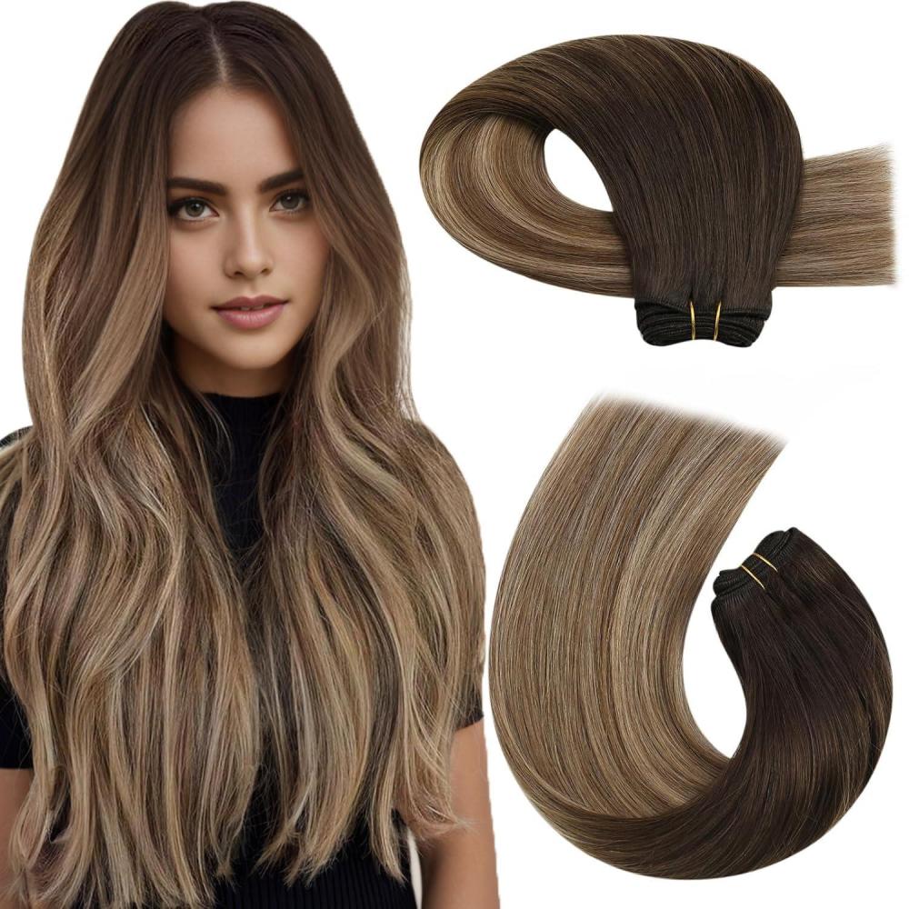 imageMoresoo Tape in Hair Extensions 20 Pieces 50G and Sew in Hair Extensions Real Human Hair 100G Bundle 14Inch Dark Brown to Golden Brown with Dark Golden Blonde