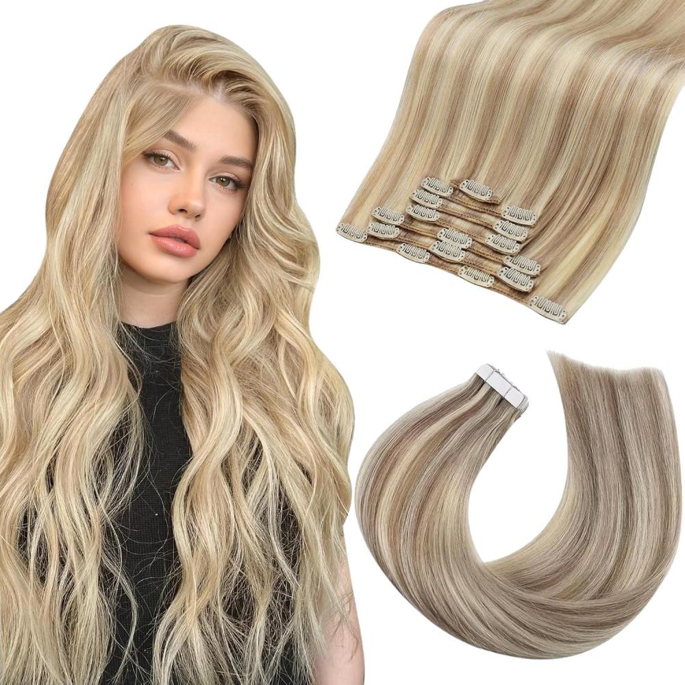 imageMoresoo Tape in Hair Extensions 50g20pcs 18in P9A60 with Clip in Hair Extensions Human Hair 80g5pcs 10 inch 1622 Bundle