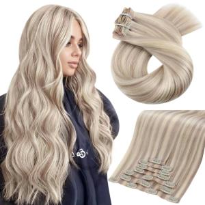 Moresoo Seamless Clip in Hair Extensions 18inch Clip ins Real Hair Extensions Natural Human Hair 20inch Clip Extensions #P18/613 Ash Blonde to Bleach Blonde PU+Lace Total 2 Packs