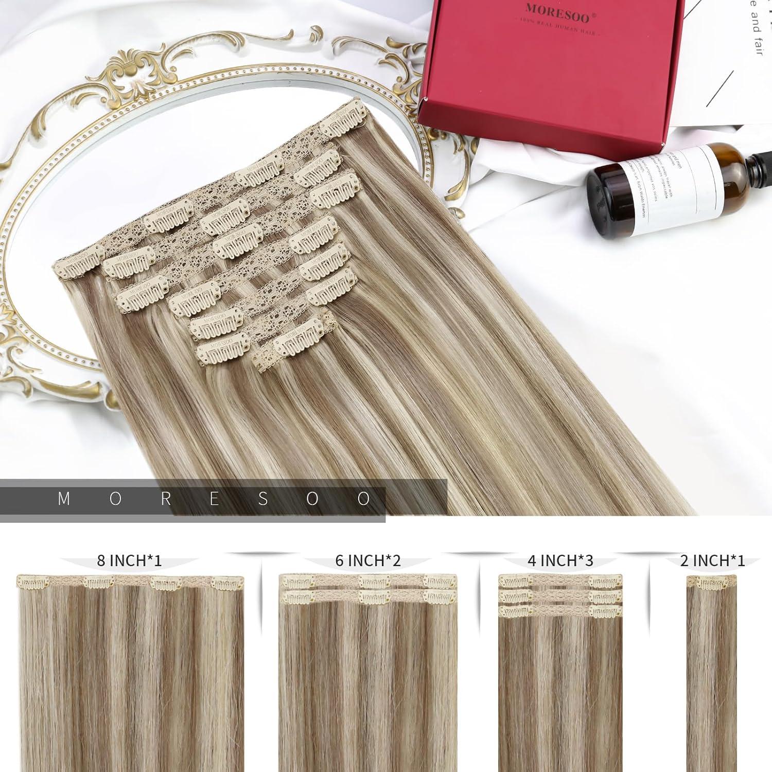 imageMoresoo Clip in Hair Extensions Human Hair Light Brown with Blonde Real Hair Extensions Clip in Human Hair Blonde Highlight 2packs 16inch
